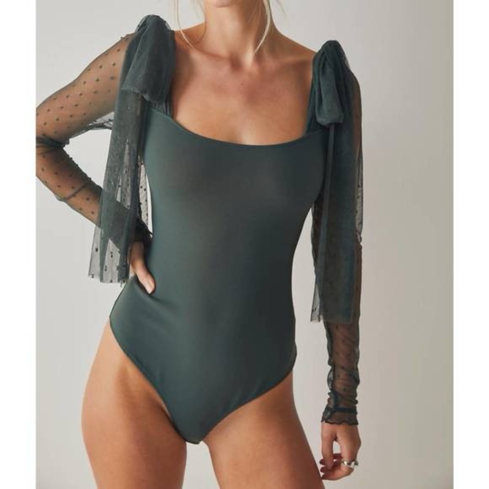 Free People Black Bodysuit with Sheer Sleeves